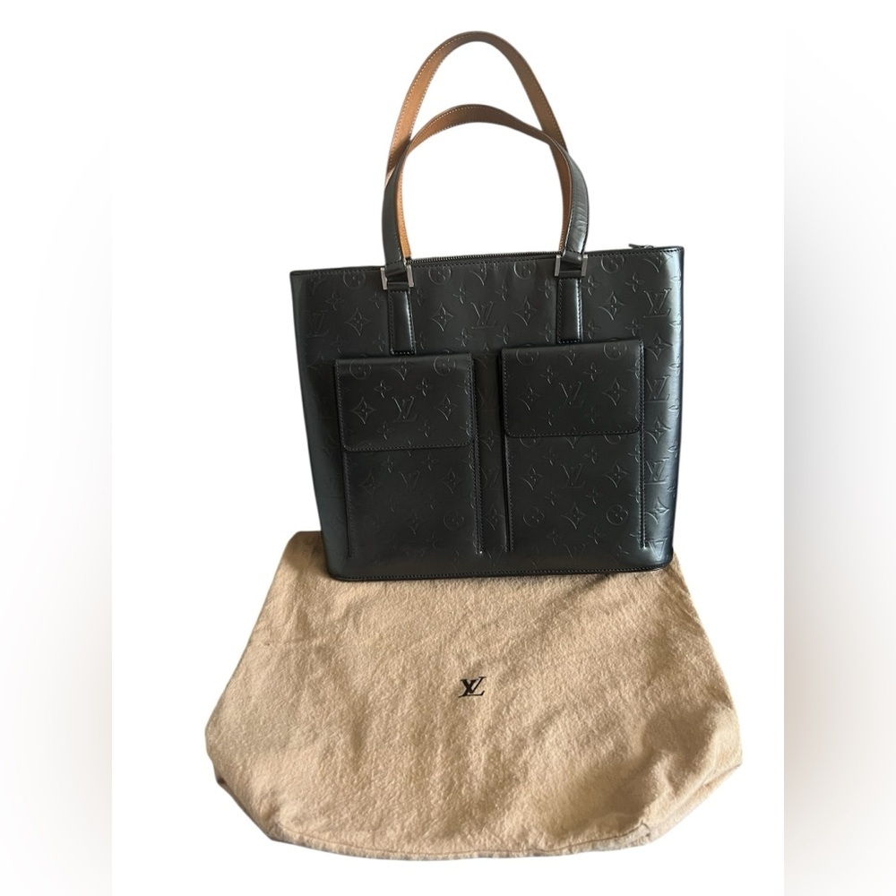 Louis Vuitton Black Tote with Tan Handles and Front Patch Pockets
